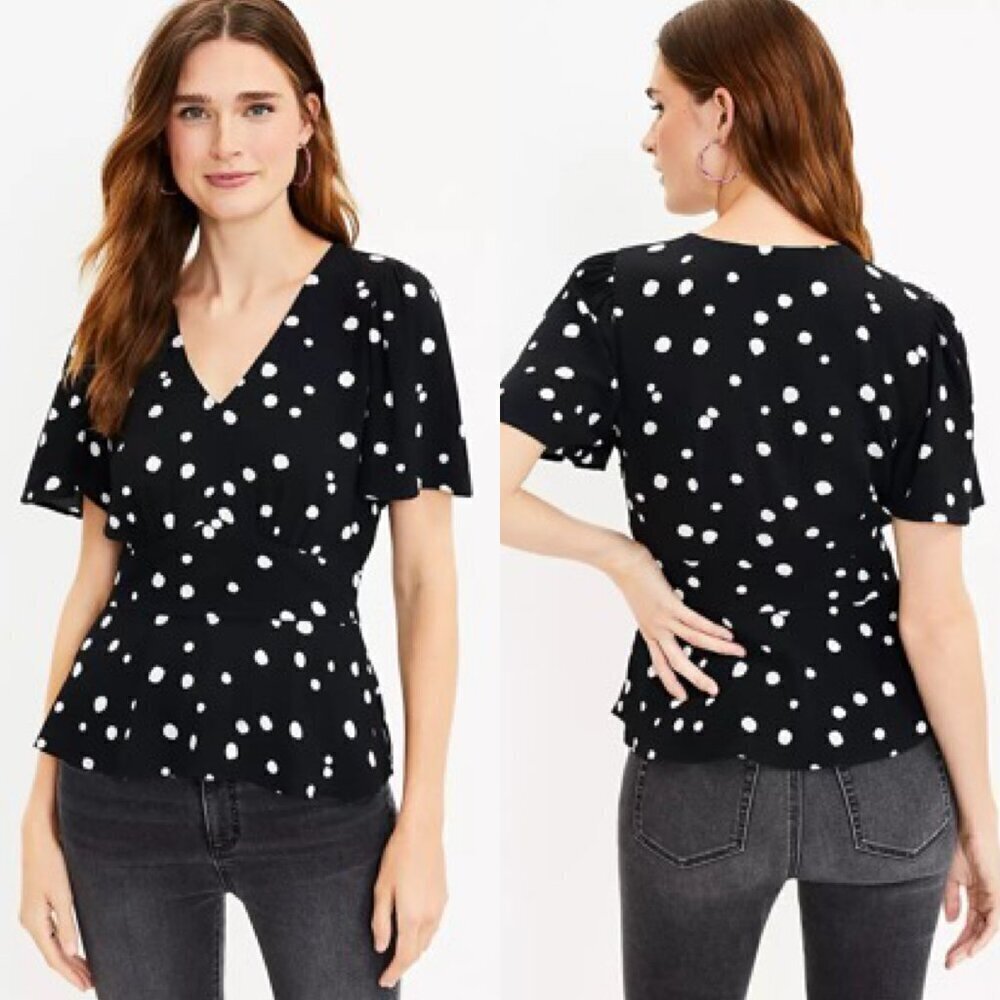 NWT LOFT Black White Dotted V-Neck Short Sleeve Peplum Top